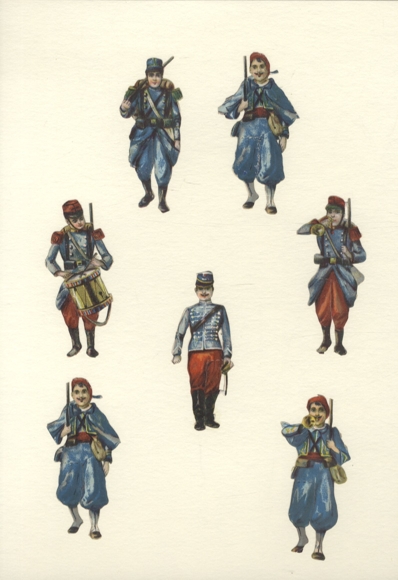 7 wafer soldiers in different uniforms, size approx. 8 x 4 cm each