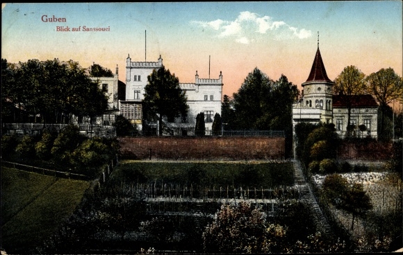 Ak Guben in Neder-Lausitz, uitzicht op Sanssouci, tuin, huizen
