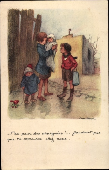 Artist Postcard Poulbot, Francisque, You&#39;re afraid of spiders, Kinder, Baby