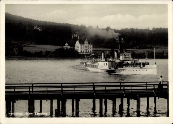 Postcard Herrsching am Ammersee, Hotel Seespitze, steamer