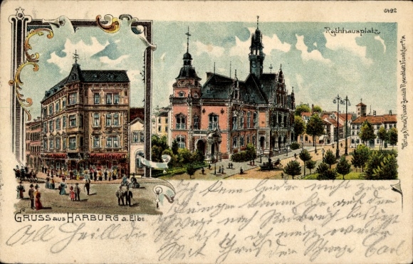 Litho Hamburg Harburg, Rathausplatz, Kaufhaus J. Cohn & Co.
