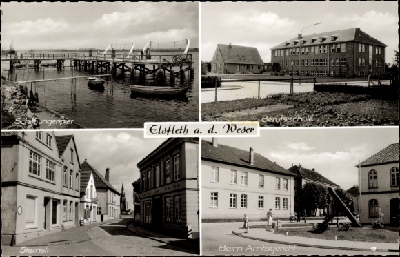 Postcard Elsfleth Weser, Schiffjungenpier, Sternstraße, district court, vocational school