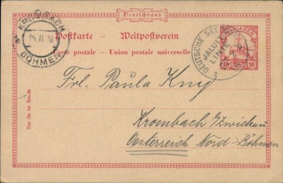 Postal stationery Mariana Islands 10 Pfennig, German Sea Post, Jaluit Line, Steamer Germania