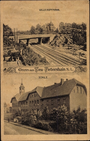 Ak Neupetershain in Niederlausitz, Villa Hoffmann, spoorbaan, school