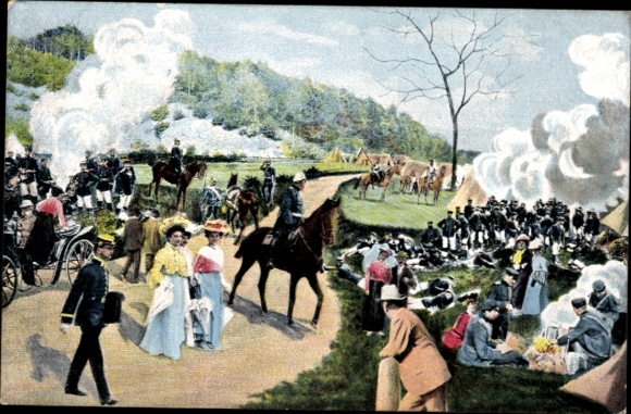 Postcard greeting from the maneuver, soldiers at the campfire, ladies taking a walk