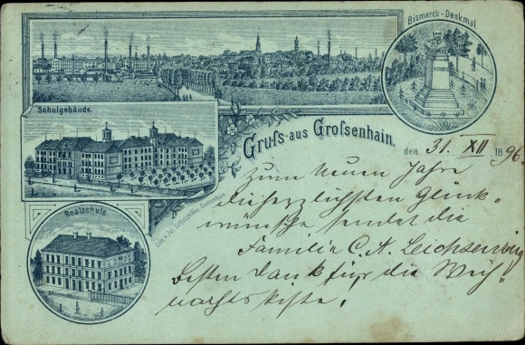 Maanlicht litho Grossenhain Sachsen, schoolgebouw, middelbare school, Bismarck-monument