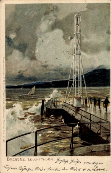 Artist Chromo-Litho Diemer, Zeno, Bregenz on Lake Constance Vorarlberg, lighthouse, surf