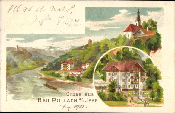 Chromo-Litho Pullach Isar, partial view of the village, villa
