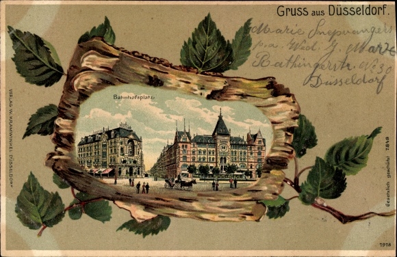 Birch wood Chromo-Litho Düsseldorf am Rhein, Bahnhofsplatz