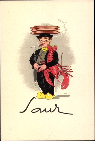 PC The Hague South Holland, Restaurant Saur, Lange Voorhout 51, man with cigar and lobster, advertisement