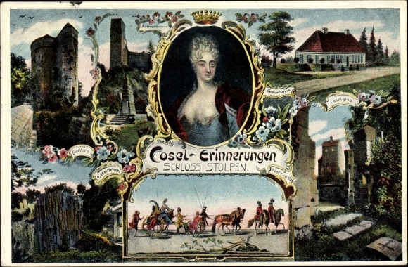 Postcard Stolpen in Sachsen, portrait of Anna Constantia Imperial Countess von Cosel, basalt rock, castle