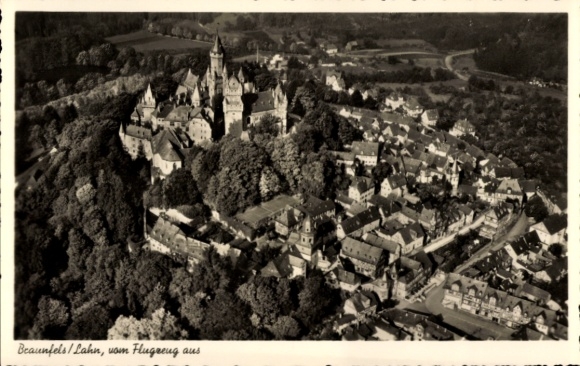Postcard Braunfels an der Lahn, aerial view of castle, city view, forest