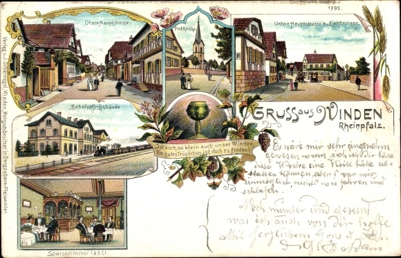 Chromo-Litho Winden Palatinate, train station, upper and lower main street, Prot. Church