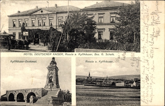Postcard Roßla am Harz, Hotel Deutscher Kaiser, Kyffhäuser Monument