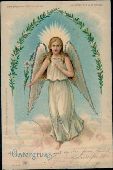 Hold against the light Postcard Congratulations Easter, Angel, Meteor