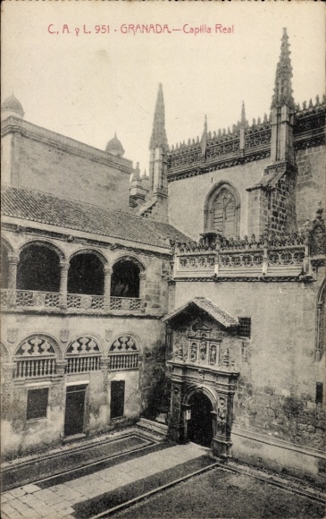 Postcard Granada Andalusia Spain, Capilla Real, architecture, courtyard, Gothic elements