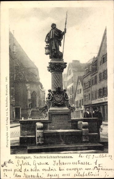 Postcard Stuttgart in Württemberg, Night Watchman Fountain