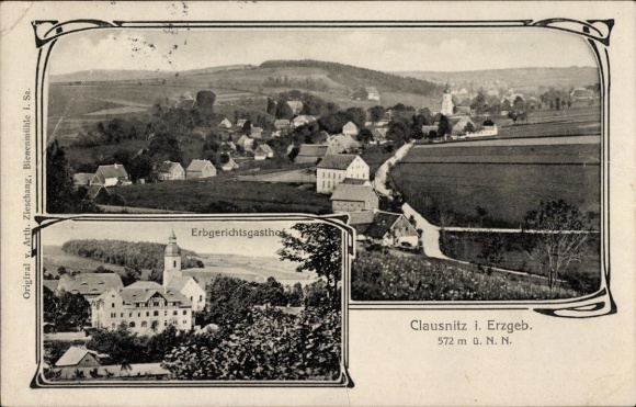 Postcard Clausnitz Rechenberg Bienenmühle in the Ore Mountains, Erbgerichtsgasthof, Panorama of the village