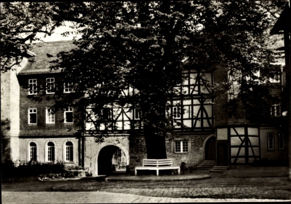 Postcard Stadtlengsfeld in the Rhön Thuringia, sanatorium, half-timbered building, green tree, benches, r Charm