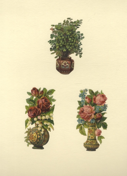 3 wafers roses, clover, forget-me-nots in colorful vases, each approx. 10 x 5 cm