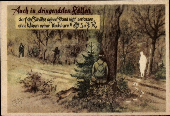 Artist Postcard Geilfus, Even in the most urgent cases, the shooter is allowed to leave his stand, hunter, hunting accident