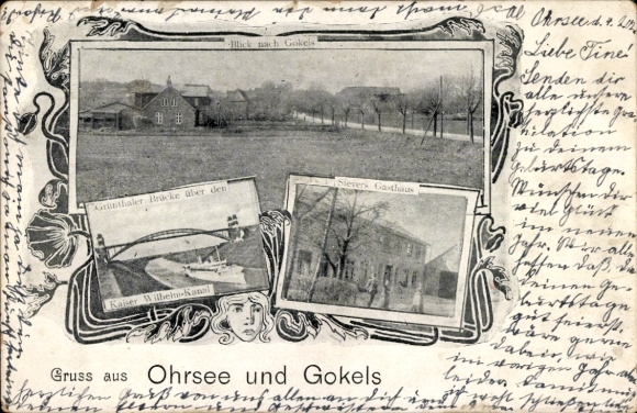 Ak Ohrsee Gokels in Sleeswijk-Holstein, gedeeltelijk zicht, brug over het Kaiser-Wilhelm-kanaal, herberg