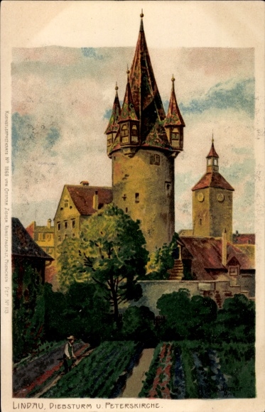 Kunstenaar litho Diemer, Zeno, Lindau in het Bodenmeer in Schwaben, uitzicht op de Diebsturm, Peterskirche