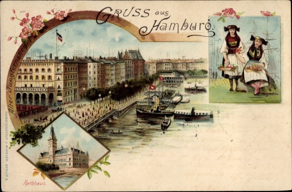 Stare miasto lito Hamburg Mitte, Alter Jungfernstieg, ratusz, dziewczyna w stroju Vierländer