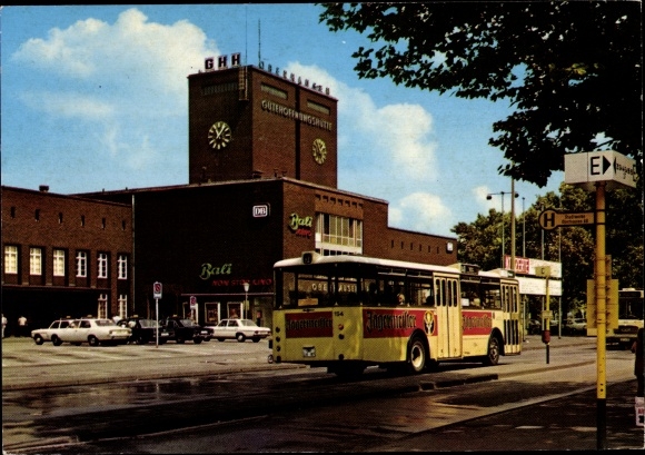 PC Oberhausen in the Ruhr area, main station, exterior view, bus, advertising Jägermeister