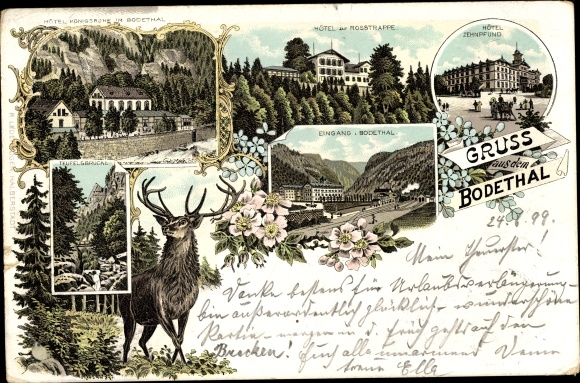 Litho Bodetal im Harz, Hotel Königsruhe, Rosstrappe, Zehnpfund, Teufelsbrücke