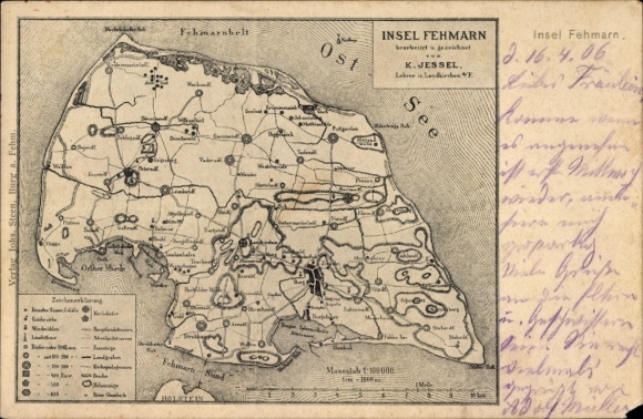 PC Island of Fehmarn Ostholstein, map by K. Jessel, teacher, at sea, island map, Verlag Johs, ...