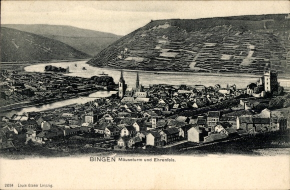 Postcard Bingen am Rhein, Mäuseturm, Ehrenfels, river landscape, city view
