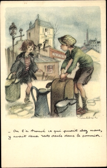 Artist PC Poulbot, Francisque, boy at the water pump, girl comes with a bucket
