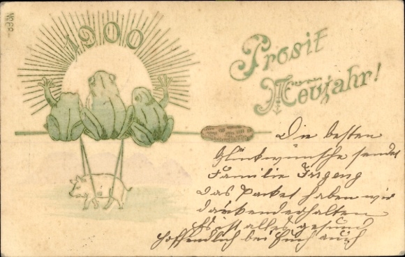 Chromo-Litho New Year's greetings, year 1900, frogs, pig