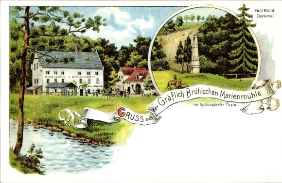Chromo-Litho Wachau Seifersdorf Saxony, Count Brühl's Marienmühle, Count Brühl Monument