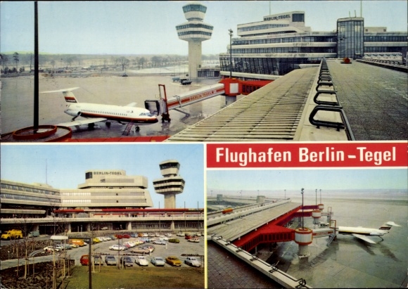 Ak Berlin Reinickendorf Tegel, Flughafen Berlin-Tegel, Flugzeug, Flughafengebäude, Kontrollturm