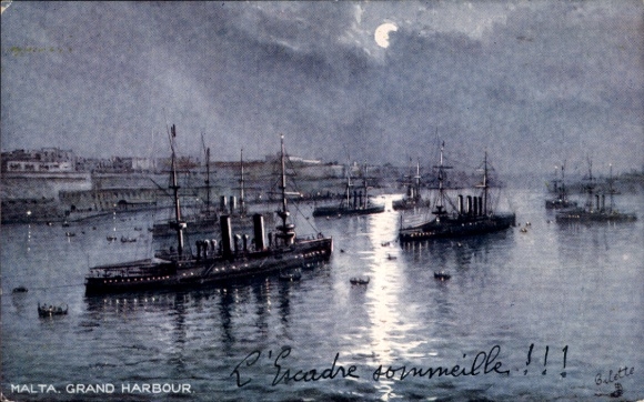 Artist Postcard Malta, Great Harbor at Night, Warships