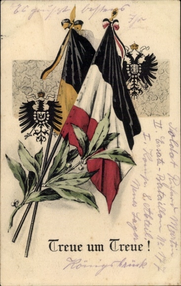 Ak Treue um Treue, Flaggen, Deutsches Reich, Österreich, Wappen