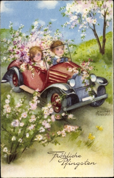Kunstenaar Ak Petersen, H., gefeliciteerd Pinksteren, kinderen, auto, bloeiende bomen