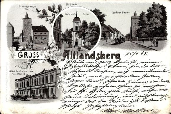 Chromo-Litho Altlandsberg in the Mark, Berliner Strasse, Church, Straussberger Tor, Hotel Deutsches Haus