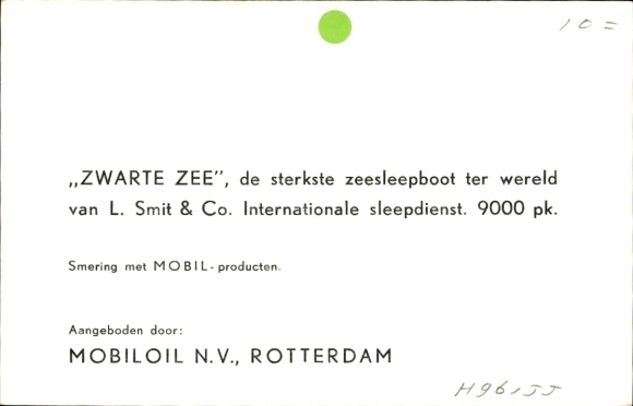 Postcard tug Zwarte Zee at full speed, L. Smit. and Co., Mobiloil NV Rotterdam