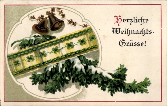 Ak Glückwunsch Weihnachten, Tannenzweige, Glocken, Glücksklee