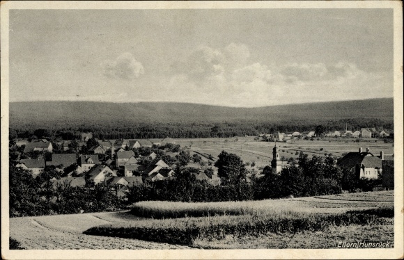 PC Ellern im Hunsrück, total view of the village with surroundings, forest, fields, church tower