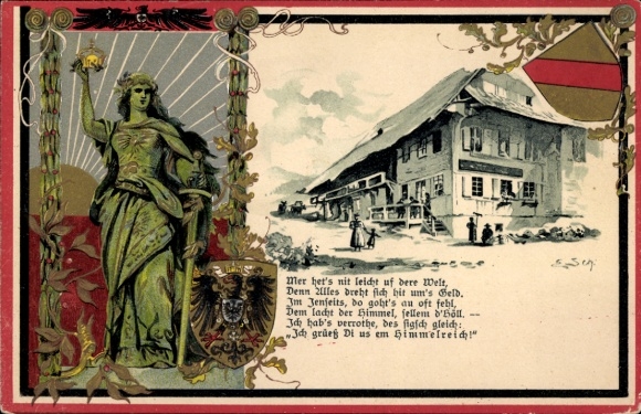 Embossed coat of arms artist Postcard Black Forest, inn, poem, Germania
