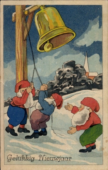 Postcard Happy New Year, dwarves, bells