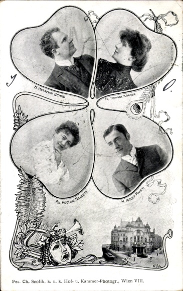 Passepartout Ak Wiener Schauspieler, Hermann Benke, Hermine Körner, Nicoletti, Adolf Rauch