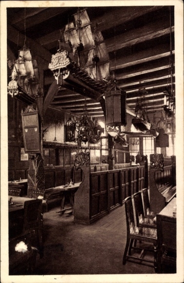 Postcard Hanseatic City of Lübeck, interior view, ships, wood decor, tables, chairs, Lübeck