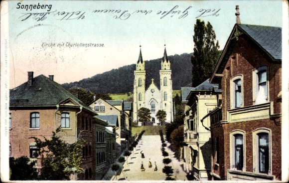 Ak Sonneberg in Thüringen, Kirche mit Charlottenstraße
