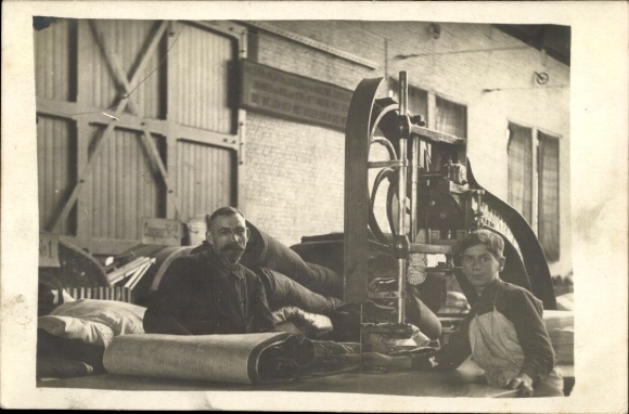 Photo Postcard Two men, craftsmen, workshop, work, fabric