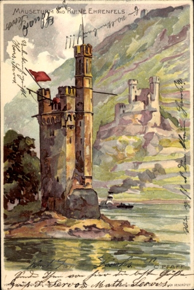 Artist Chromo-Litho Pfaff, C., Rüdesheim am Rhein Hesse, Mouse Tower and Ehrenfels ruins